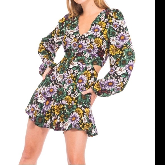 AFRM monna print side cutout long sleeve mini Dress large - Picture 2 of 7